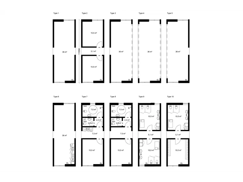 Plantegning af de forskellige muligheder i Flexicubes® 44 m²