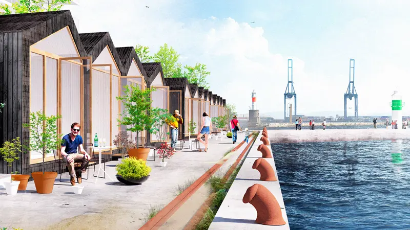 Arkitekttegning af badehusene Aarhus havn Ø