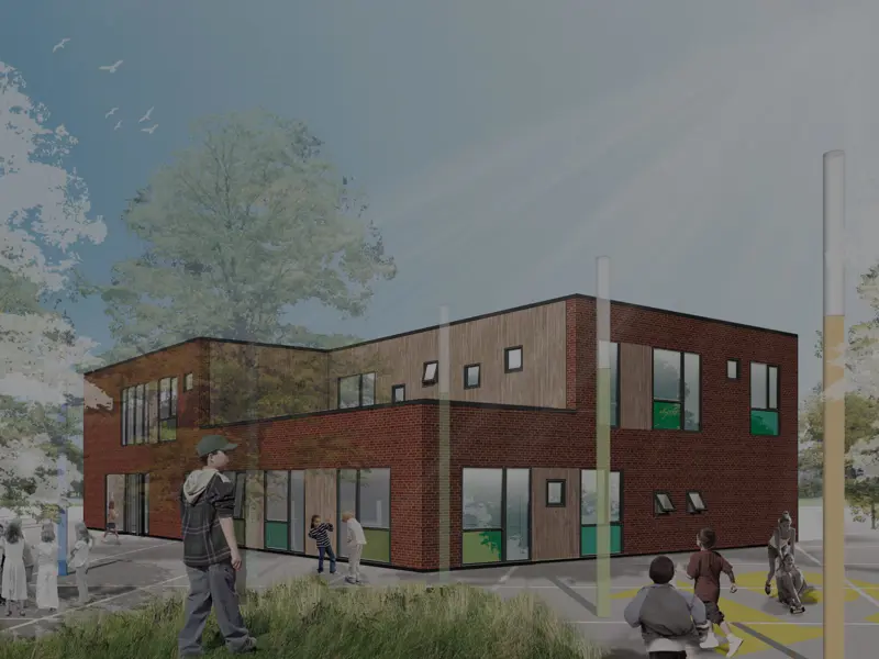 Arkitekttegning af Ishøj SFO- og indskoling med mørk lag