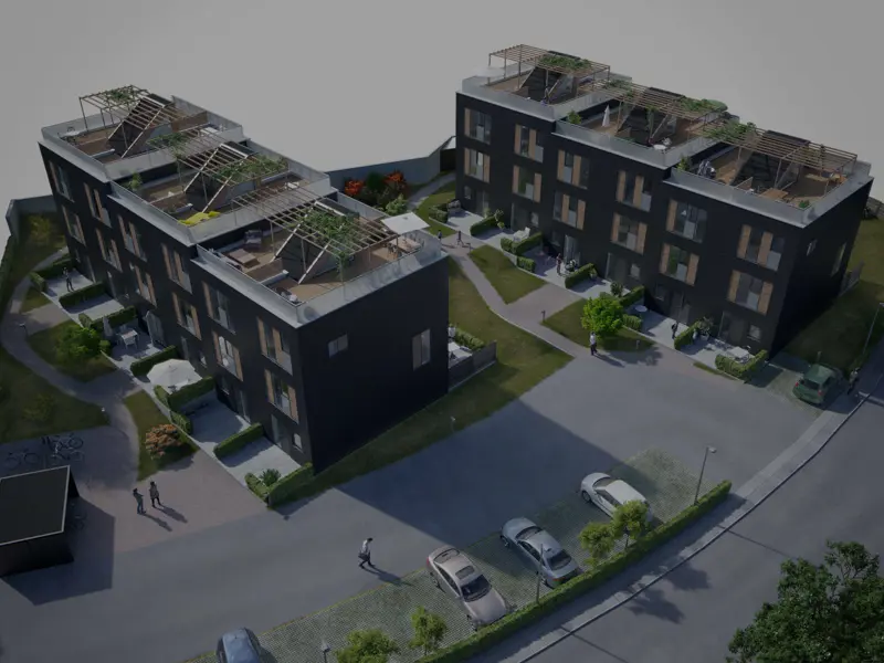 Arkitekttegning af Emdrup Have set fra oven med en mørk tonet farve over