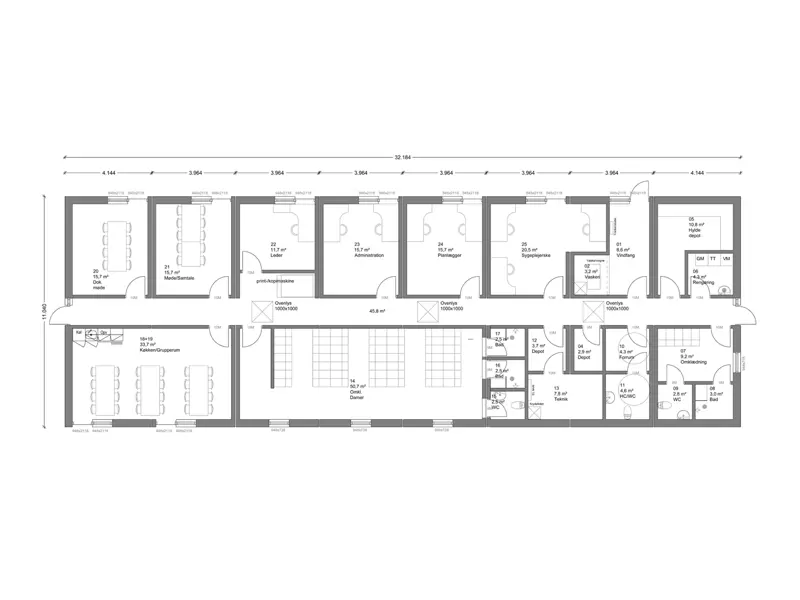 Plantegning over hjemmeplejen Østermarie. omklædning, personalerum, mødelokaler og toiletter.
